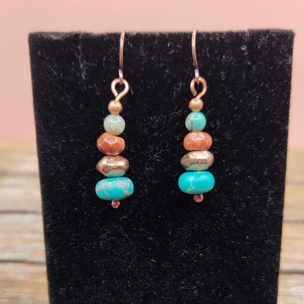 Imperial Jasper, Goldstone, Chrysoprase, and Copper Stacked Earrings - Picture 2 of 4